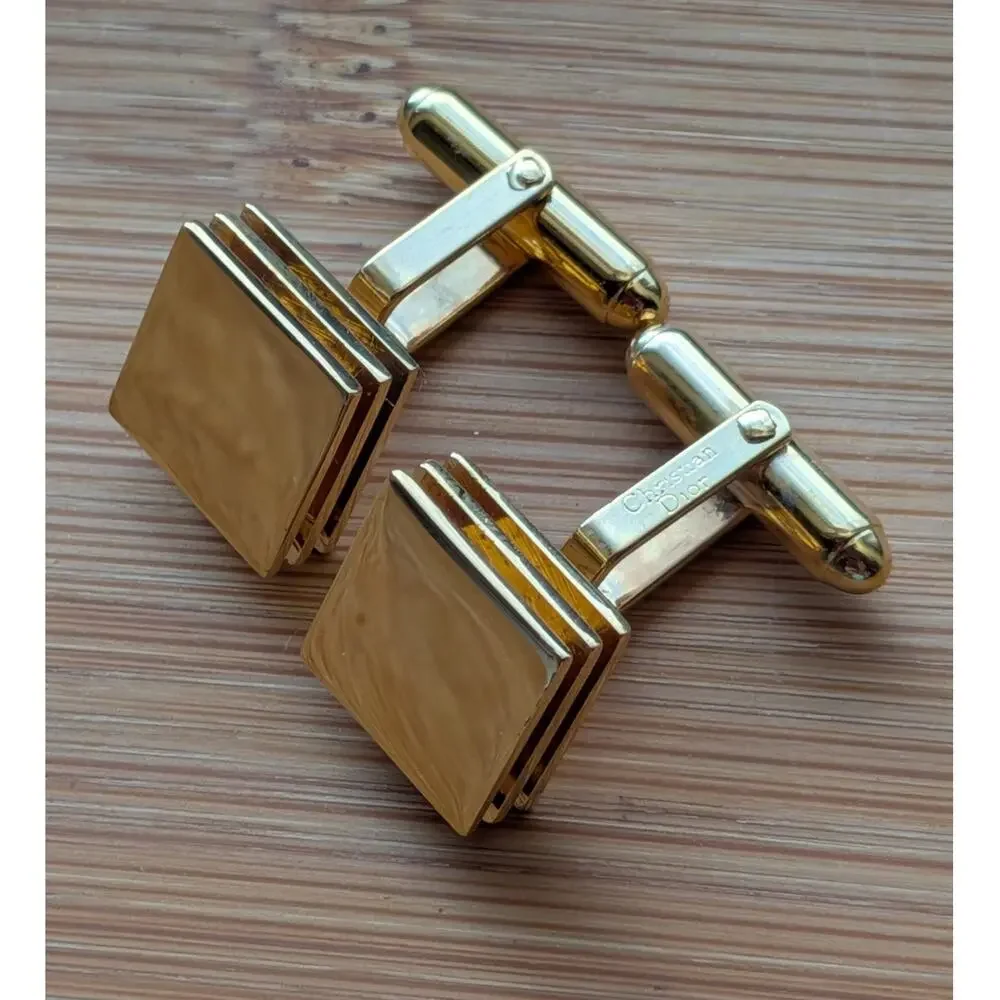 Christian Dior Logo Gold Tone Three Layered Square Cufflinks